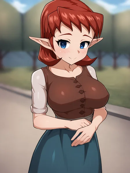score_9, score_8_up,sharp focus,, absurdres, highres, illustration, depth of field, outdoors, anjuxl, 1girl, solo, breasts, looking at viewer, blush, smile, short hair, blue eyes, skirt, large breasts, dress, collarbone, red hair, pointy ears, <lora:anjuxl:1> <lora:wagashi-lyco-pony:1>