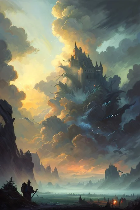 hyperrealism oil painting, ghost of the castle,
thunderstorm, and many small clouds, and slightly cloudy, fantasy forest,
an expansive ancient forest, featuring towering oaks, diverse wildlife, a variety of flora,FanRu,guiguai,
{dawn|dusk|night},
