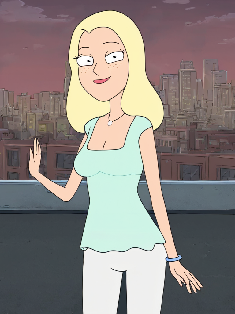 <lora:DianePony1.0:1> diane, 1girl, blonde hair, solo, freckles, long hair, necklace,white pants breasts, cleavage, aqua shirt, smile, bracelet,looking at viewer,  city,