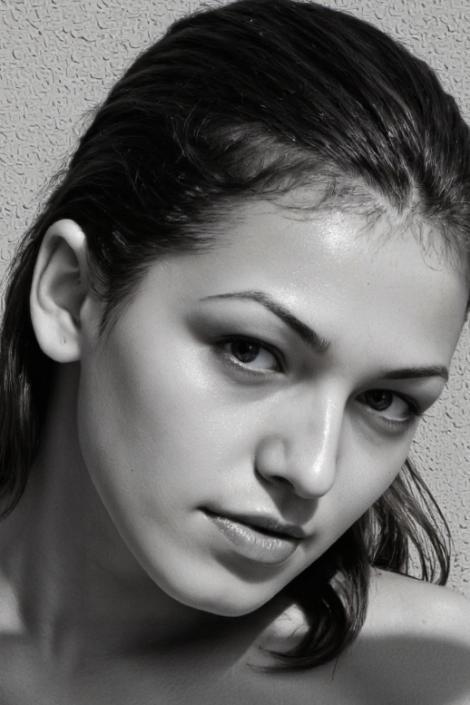 A striking monochrome portrait of a high-fashion model, SophieFMJ, captured in a classic, Vogue-inspired photoshoot. The image focuses on her face, which is turned slightly to the side and is illuminated by dramatic, high-contrast lighting. Shadows and highlights play artfully across her face. Her gaze is powerful and direct, exuding confidence and sophistication, with slightly parted lips that add a touch of allure. Her hair is styled sleekly back, drawing attention to her expressive features and creating a sculpted silhouette against a soft, shadowed background. 
 <lora:Flux-Sofi_A-Epoch 11:1.1>,  <lora:amateurphoto-6version:0.7>