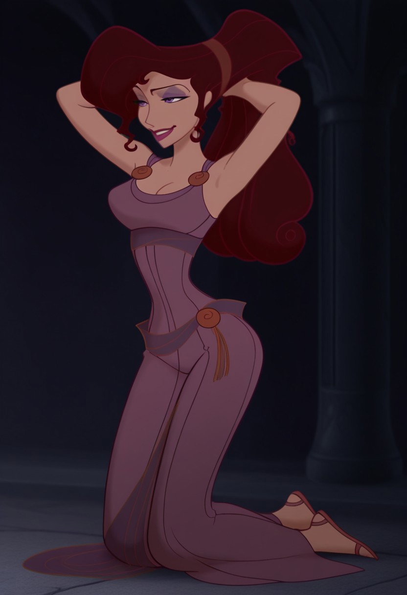 1girl, masterpiece, best quality, amazing quality, absurdres, <lora:Megara__Illustrious:1> m3g4r4, megara (hercules disney), long hair, tied hair, brown hair, purple eyes, purple Greek dress, cleavage, sexy makeup, lipstick, smiling, full body, flirtatious, seductive, alluring, arms behind head,