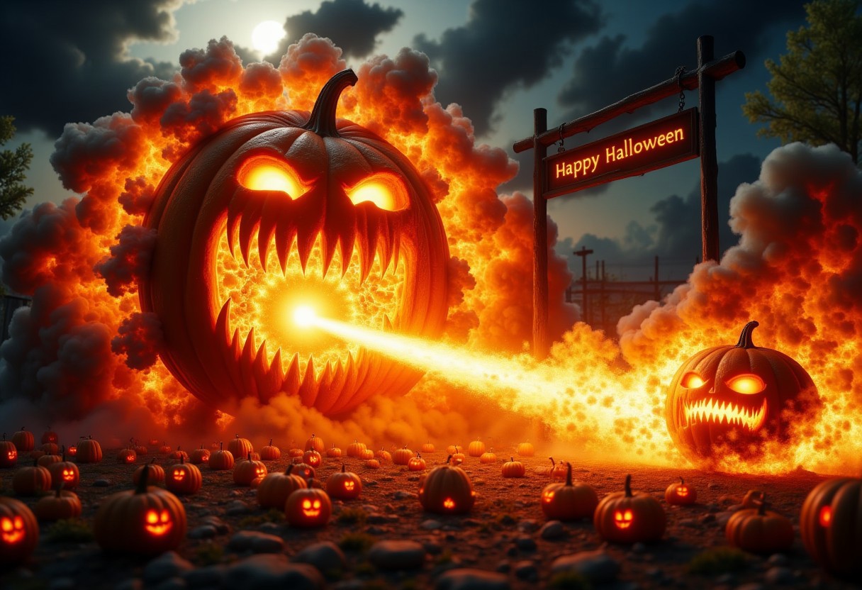 there is a gigantic Halloween Jack-o-Lantern orange head shooting a huge orbital attack orange beam ray from its mouth striking a mid-size country town ground with explosions and fire. there is a hanging sign in the background that shows the exact phrase "Happy Halloween!". Dozens of Halloween carved pumpkins ejected from the explosion. A dark cloudy sky opened by the ray with a light shockwave, white lighted horizon. dark fantasy horror art, fantasy horror art, detailed 8k horror artwork, dark graveyard scene, super hyper realistic, cinematic volumetric lighting, extreme wide shot with Sony Fx6