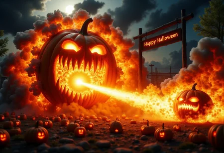 there is a gigantic Halloween Jack-o-Lantern orange head shooting a huge orbital attack orange beam ray from its mouth striking a mid-size country town ground with explosions and fire. there is a hanging sign in the background that shows the exact phrase "Happy Halloween!". Dozens of Halloween carved pumpkins ejected from the explosion. A dark cloudy sky opened by the ray with a light shockwave, white lighted horizon. dark fantasy horror art, fantasy horror art, detailed 8k horror artwork, dark graveyard scene, super hyper realistic, cinematic volumetric lighting, extreme wide shot with Sony Fx6