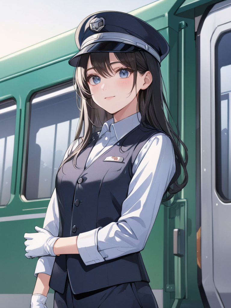 masterpiece,ultra-detailed,best quality,8K,illustration,cute face,clean skin ,shiny hair,girl,ultra-detailed-eyes,simple background, <lora:add-detail-xl:1> <lora:caboose uniform_XL_V1.0:0.8> caboose uniform, hat, shirt, vest, gloves, pants