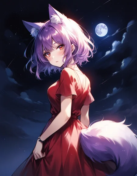 score_9, score_8_up, score_7_up, best quality, masterpiece, 4k, uncensored, prefect lighting, very aesthetic, anime BREAK
1female, short height, (short purple hair, messy bob style), (red tareme eyes), (mole under right eye), medium breasts, (purple fox ears), (purple fox tail), star-filled sky, night-time, moon, facing away, looking back, red dress, <lora:kyogoku-uru_style:0.7>,