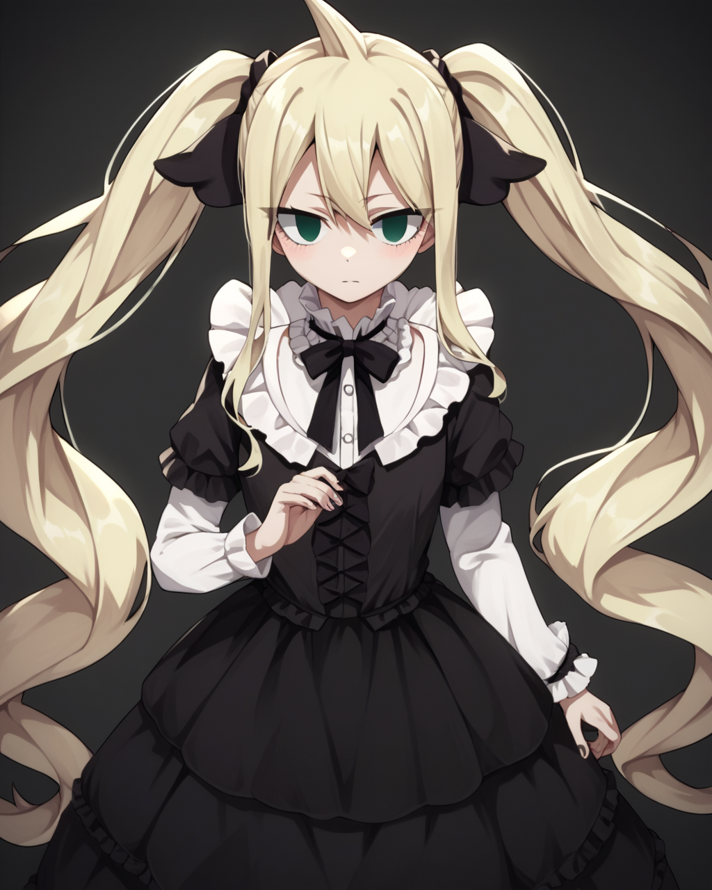 score_9, score_8_up, score_7_up, score_6_up, score_5_up, score_4_up, BREAK source_anime,
<lora:Mavis_Vermillion_PONY:1>,Mavis Vermillion, 1girl, solo,green eyes,empty eyes,very long hair,twintails,blonde hair,hair ribbon, bow,black dress, gothic,ribbon,frills,
