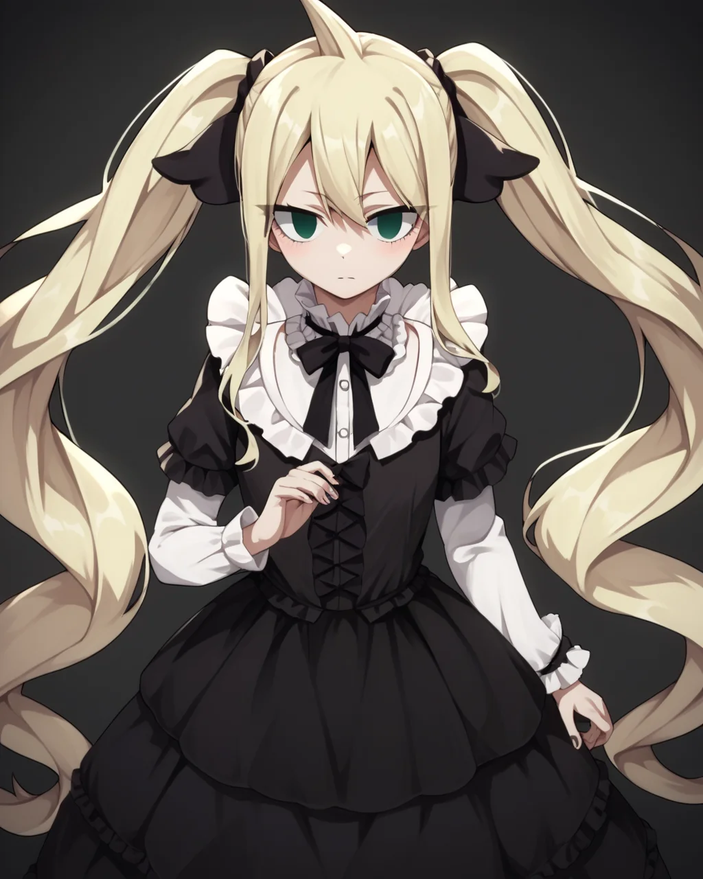score_9, score_8_up, score_7_up, score_6_up, score_5_up, score_4_up, BREAK source_anime,
<lora:Mavis_Vermillion_PONY:1>,Mavis Vermillion, 1girl, solo,green eyes,empty eyes,very long hair,twintails,blonde hair,hair ribbon, bow,black dress, gothic,ribbon,frills,