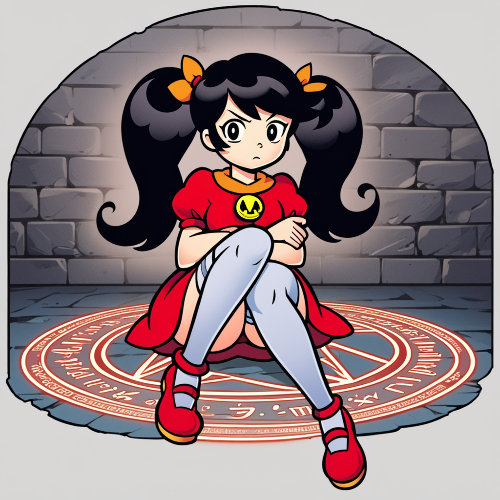 score_9, score_8_up, score_7_up, official Nintendo artwork, (ashley:1.2),red dress,red shoes,stockings,black hair,twintails,expressionless,magic circle,dark,moody,dungeon,spotlight,rating safe,solo,full body,no humans