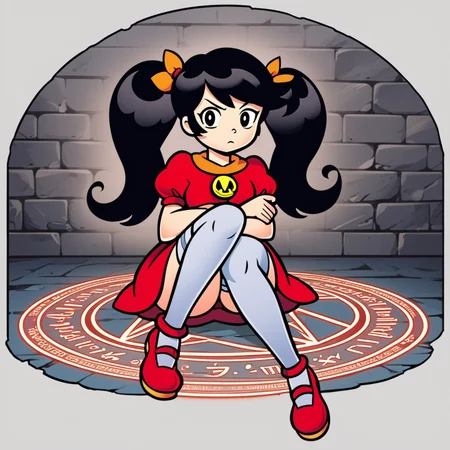 score_9, score_8_up, score_7_up, official Nintendo artwork, (ashley:1.2),red dress,red shoes,stockings,black hair,twintails,expressionless,magic circle,dark,moody,dungeon,spotlight,rating safe,solo,full body,no humans
