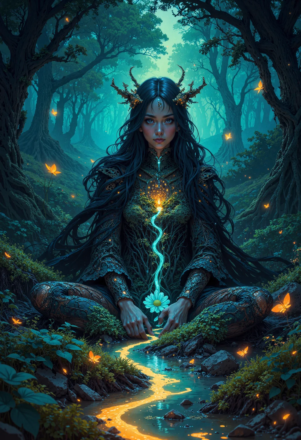 masterpiece, high-quality, A mystical woman sits cross-legged in a field of bioluminescent flowers, her long hair cascading into the earth and transforming into sprawling roots that twist and wind to form glowing forests and rivers. The camera frames her in a low, wide-angle view, capturing the surreal transformation of her hair into intricate landscapes that stretch into the hazy, dreamlike horizon. Tiny glowing insects flutter around her, their faint trails adding motion to the tranquil, hyperdetailed setting. Her serene gaze and the organic flow of the scene evoke a sense of vastness and interconnected beauty., <lora:FLUX\FLUX-daubrez-DB4RZ:0.3> <lora:FLUX\Anime v1.3:0.5> <lora:FLUX\DarksunRiddV4:0.6>