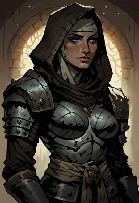 score_9, score_8_up, score_7_up, BREAK, 1girl, cowboy-shot, beautiful, dramatic lights ((Vestal. DDVestal. VestalDD, armor, hood, shoulder pads))