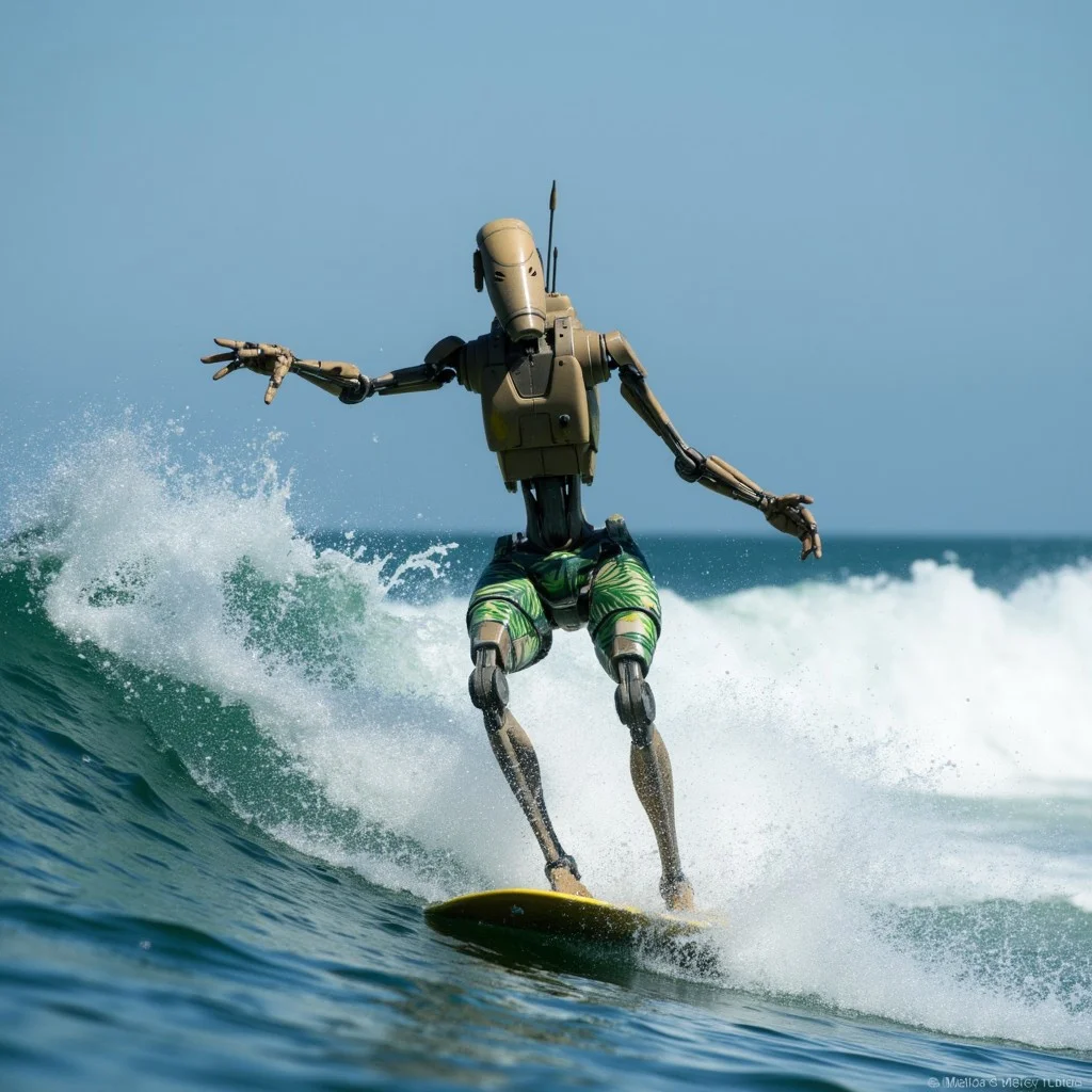 7-B1 battle droid surfing through waves in ocean, he is wearing palm tree texture swim short