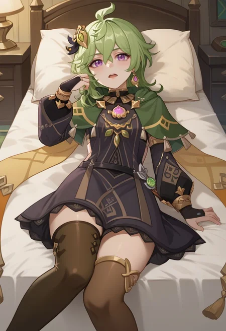 score_9, score_8_up, score_7_up, source_anime, 1girl, colleidef, green hair, medium hair, purple eyes, hair ornament, hair between eyes, ahoge, earrings, single earring, jewelry, green capelet, black dress, detached sleeves, puffy long sleeves, backless dress, bridal gauntlets, crossed bangs, brown thighhighs, asymmetrical legwear, thighlet, vision \(genshin impact\), boots, toeless footwear, open mouth, lying, on back, on bed, hand up, looking at viewer, indoors, bedroom, <lora:Collei_v1-000010:1>