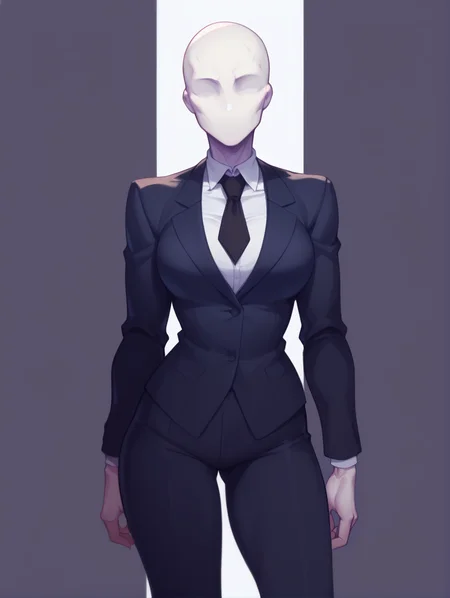 score_9, score_8_up, score_7_up, rating_safe, zPDXL2, zPDXLxxx, zPDXL3, source_anime,
<lora:Slendergirl:1>, 1girl, solo, shirt, white shirt, collared shirt, dress shirt, black jacket, jacket, suit, formal, business suit, black suit, pants, black pants, necktie, black necktie, tight clothes,
monster girl, (faceless, faceless male, faceless female, no mouth, no eyes:1.2), white skin, colored skin, bald, genderswap, genderswap, genderswap (mtf), tentacles, eldritch abomination,