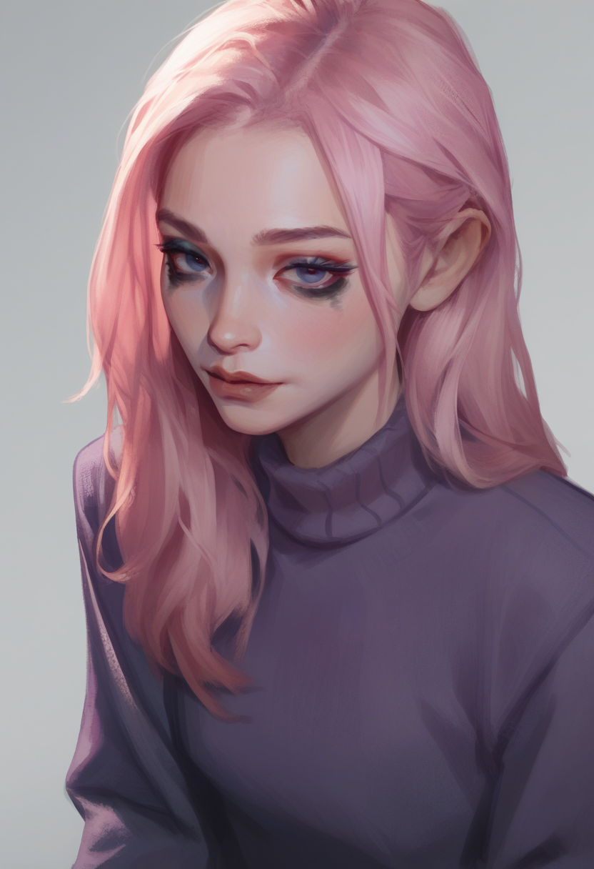 <lora:Smudge_2:0.8> liu2, oil paint, score_9, score_8_up, score_7_up, 1girl, long pink hair, mascara, seductive look, purple sweater, from above, gray background