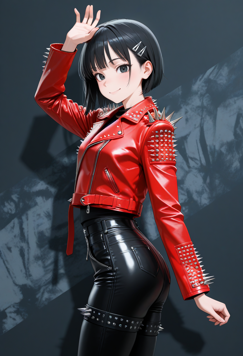 masterpiece,best quality,amazing quality, very aesthetic, ((outlined outlined vector graphics)), cute face, (glow eyes:0.5) ,  looking at viewer, cowboy shot, ,
1girl,20yo, black hair, black eyes, short bob hair, hair pin,small breast, slender,(white thigh strap:1.1),cute face,
,solo,  side view ,  looking at viewer ,
smile, happy,red jacket, ,, leather jacket, spiked leather jacket, large spikes, black pants  , heavy metal,  ,   jumping,  , arm up , <lora:spiked-leather-jacket-il-01:1>