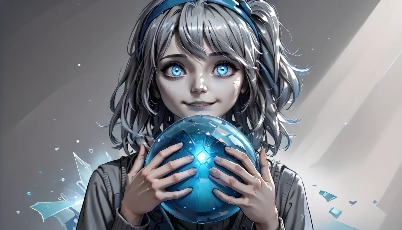 score_9,score_8_up,score_7_up,score_6_up,score_5_up,score_4_up,greyscale,<lora:Limited_Palette_concept_Pony:1.3>,limited_palette,partially_colored,1girl,blue eyes,blue hairband,crystal ball,(facing viewer),glowing,grey background,grey hair,grey sweater,grey vest,hairband,hands up,holding,holding ball,(looking at object),(looking down),medium hair,one side up,smile,solo,upper body,