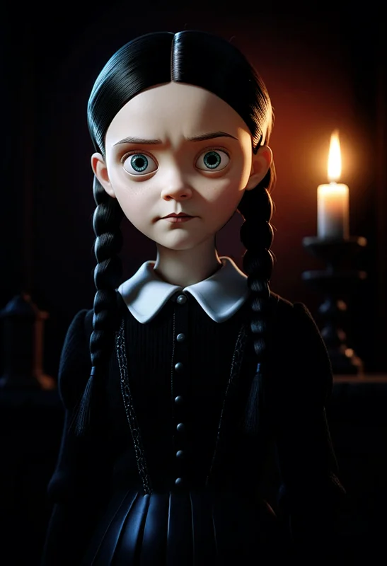 Wednesday Addams, dark gothic background, pixar character ,pixar style, funny creature from parallel reality, (best quality), (masterpiece), (best lighting), (high detailed skin:1.0),( detailed eyes), 8k uhd, dslr, soft lighting, best quality, film grain, Fujifilm XT3,