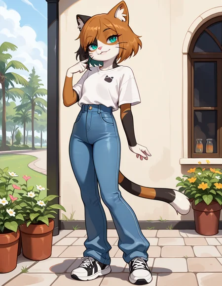 masterpiece, best quality, very aesthetic, absurdres,
outdoors, casual,
full body, standing, posing,
seductive smile, parted lips, long eyelashes,
<lora:Kawa_v01_NAIXL:1>
K4w4,1girl,solo,furry,furry female,cat girl,short hair,multicolored hair,cat ears,aqua eyes,slit pupils,snout,animal nose,whiskers,body fur,two-tone fur,cat tail,striped tail,