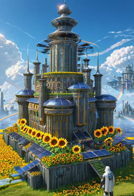 castle,
A traveler looking at a gigantic castle made of dozens of towers, medical, white, grass,matchcraft floating island , floating island, towers , sky , fly , cloud, solar punk,solarpunk ,solar panels, (sunflowers), rainbow