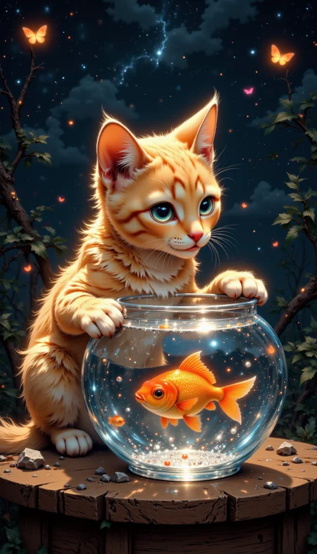 pinkmidnightfantasy,
A curious orange tabby pawing at a glass fishbowl, with tiny bubbles and a bright goldfish swimming inside.