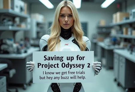 portrait shot, a beautiful cyborg woman with long blonde silky hair in a white robotic outfit holding a sign with text "Saving up for Project Odyssey 2" with the subtext "I know we get free trials but hey any buzz will help", the background is a robotics laboratory with robotic parts lying around the room