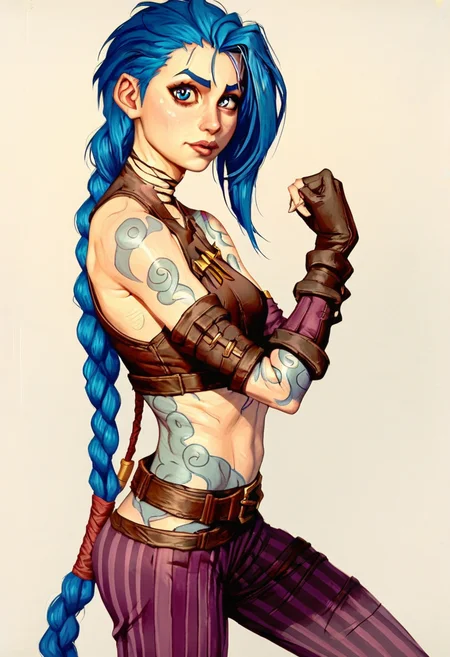 score_9, score_8_up, score_7_up,, looking at viewer, barely visible abs, detailed, crop top, sleeve, armbands, purple striped pants, gloves, belt, 1girl, j1nx, blue hair, pale skin, chocker, blue eyes, long blue twin pigtails, tattoo, simple background, beautiful color, aesthetic, 2d, close-up shot, view from aside, solo, 1girl, dramatic lighting, ornate, sideboob, oblivionarts