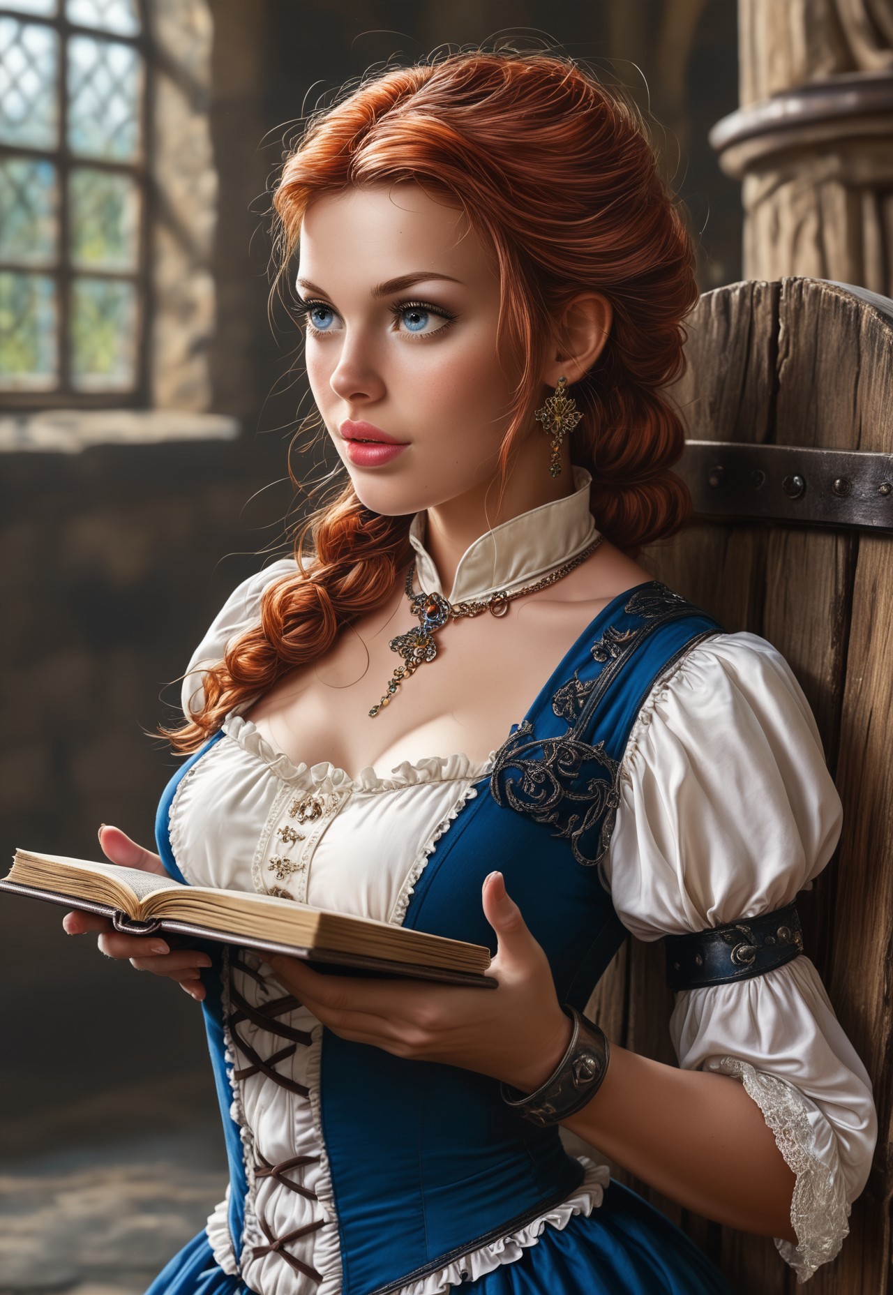 RAW photo, Hyper realistic, realistic photo, masterpiece, stunning, best quality, expression, a highly detailed, young beauty woman, ((style medieval)), elegant medieval dress with lace, curvy body, highly detailed, auburn-haired, dynamic angle, ultraHD
dynamic pose
BREAK
(((full-clothed))), ((simple leather-bound book in hands, old tome in hands))
ancient castle library background
 <lora:add-detail-xl:1>
 <lora:Dynamic Poses:1>
<lora:DandonFuga_Style_v.2_-_Pony:0.8> 