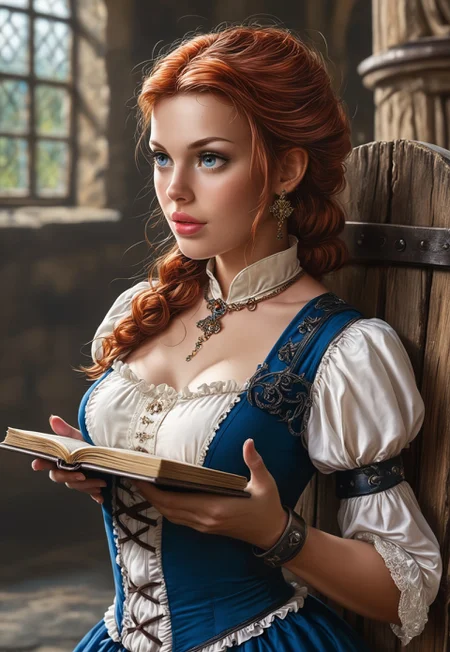 RAW photo, Hyper realistic, realistic photo, masterpiece, stunning, best quality, expression, a highly detailed, young beauty woman, ((style medieval)), elegant medieval dress with lace, curvy body, highly detailed, auburn-haired, dynamic angle, ultraHD
dynamic pose
BREAK
(((full-clothed))), ((simple leather-bound book in hands, old tome in hands))
ancient castle library background
 <lora:add-detail-xl:1>
 <lora:Dynamic Poses:1>
<lora:DandonFuga_Style_v.2_-_Pony:0.8> 