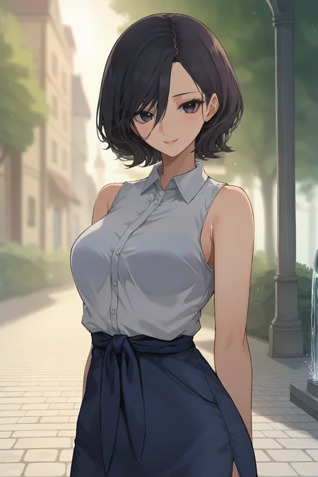 score_9, score_8_up, score_7_up, source_anime, 1girl, prefect lighting, very aesthetic, intricate details, highly detailed background, masterpiece, high quality, prefect hands, best quality, solo,
<lora:Teacher_kesokeso_keso_V1:.85>, KJOteacher, short hair, black hair, black eyes, hair between eyes, swept bangs, 
 bare shoulders, tied shirt, blue vest, open vest, white dress,
town, town centre, cobblestone, water fountain, sunny, light rays, lens flare, depth of field, bokeh,
standing, happy, smile,
(Beautiful, medium Breasts:1.2), natural breasts,