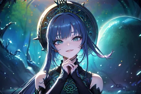 (masterpiece:1.4), 4K8K, (anime style), (high shutterspeed:1.4), (sharp edges), 
SyFyEye1, FanFo, 
1woman  hands togather,  leaning foward, face focus, smile, closed mouth, 
wearing Celtic style dress, (Detailed face, Detailed eyes, Detailed lips), (solo), 
Fantastic Forest at fantasy night, Fantastic Planets