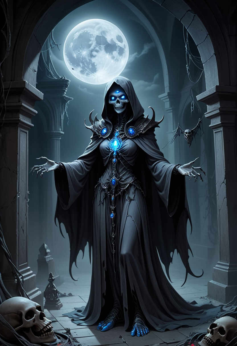 (medium full shot) of (ominous lich) with glowing blue eyes, wearing a shadowy gray spectral attire, enchanted shoes, bearing a dark amulet, surrounded by surrounded by a sinister aura, set in  a forgotten crypt, where cobwebs hang heavy and the atmosphere is thick with the scent of old bones and dust, under a full moon, woman smiling, ,Masterpiece,best quality, raw photo, realistic, very aesthetic