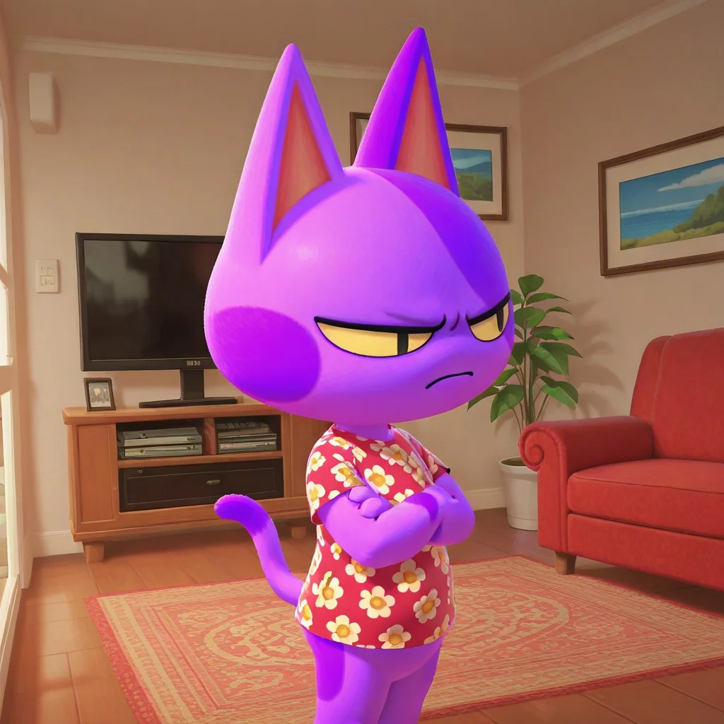 masterpiece, best quality, amazing quality, bob, 1boy,
male, furry male, anthro, solo, cat, purple fur, two-tone fur, yellow sclera, black pupils, pointed ears, noseless, paw pads, tail, red floral shirt, standing, upset, crossed arms,
indoors, living room