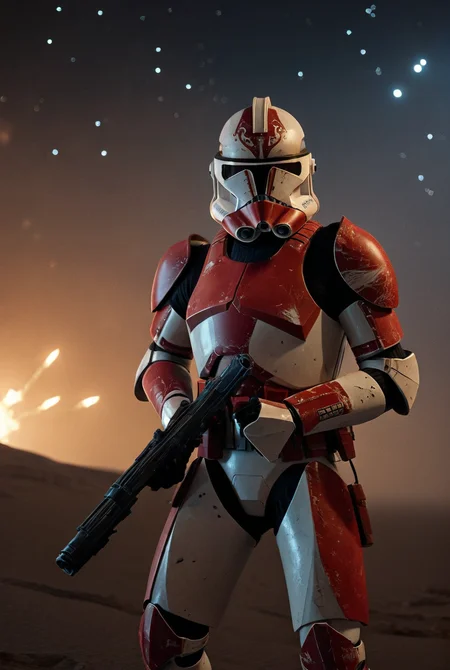 7-Phase2, 1boy, sneaking,  holding gun, military, explosions, detailed weapon, shoulder armour
night time, stars, nebulas, desert, bones, black sand, windy, dust storm, red armour
[strong lighting, cinematic masterpiece, highly detailed armour,  realistic armour, legendary, hyperrealism]
  <lora:Clone Armour Phase 2 v1.0:0.9>