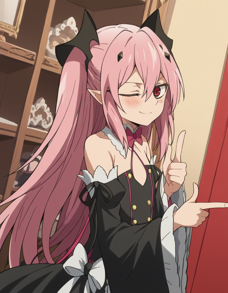 score_9, score_8_up, score_7_up, source_anime, <lora:krul-tepes-s2-ponyxl-lora-nochekaiser:1>, krul tepes, long hair, red eyes, pink hair, pointy ears, hair ornament, anime screencap, dress, bare shoulders, detached sleeves, wide sleeves, detached collar, black dress, bowtie,, storage room, shelves, boxes, clutter, supplies, , <lora:double-finger-gun-ponyxl-lora-nochekaiser:1>, double finger gun,, blush, smile, one eye closed, from side, looking at viewer, solo,, dutch angle, cowboy shot