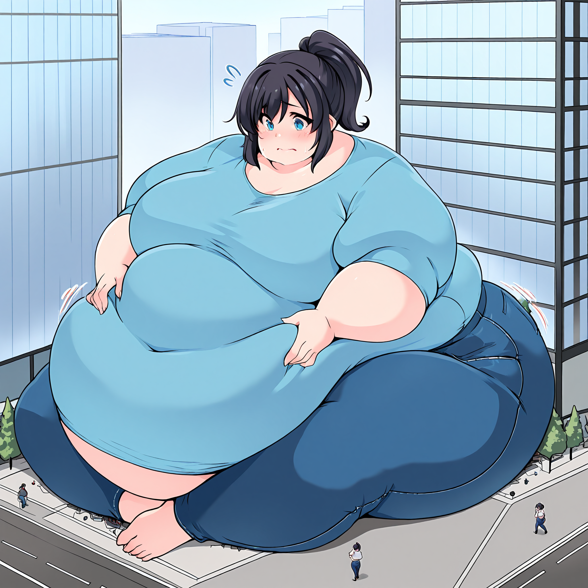 (masterpiece), best quality, (highly detailed), 1female, solo, fat, obese, giantess, jeans, shirt, huge belly, city, small budlings, sitting on floor, <lora:Kurocaze_Style_IllustriousV2:0.8>, black hair, blue eyes, ponytail, worried expression,