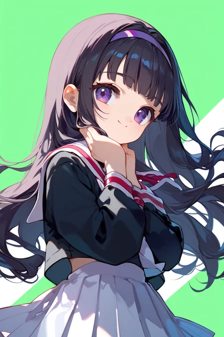 score_9, score_8_up, score_7_up, source_anime,
simple background,
cowboy shot,
light smile, holding chin, looking at viewer, naruhodo, arms crossed,
<lora:tomoyo_autismConfetti_v01:1>
black hair, blunt bangs, long hair, purple eyes, hairband,
tomoeda elementary school uniform, black shirt, sailor collar, school uniform, white sailor collar, long sleeves, white pleated skirt,, zPDXL