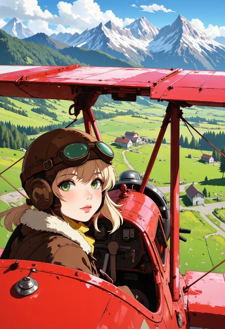 Image is a birds eye view of a high resolution, anime style, close up artwork featuring a beautiful female pilot. She's wearing an old time leather helmet with goggles and a brown aviators jacket with a fluffy collar and yellow scarf. She has blonde and green eyes. She's flying in a newly made red biplane. She's flying over a beautiful countryside. In the background is a grassy field, farm land, tulip fields, snowy mountains, small mountain village, <lora:RealAnimeFLUX:0.9> <lora:RM_Illustrify_v1.0MFLUX:0.5>