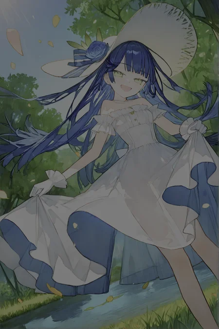 wada_arco,noco_(adamas),best quality,HDR,1girl, general,sapphire blue hair, outdoors, day, dappled sunlight, tree, very long hair,(blue hair:1.3), dress, closed mouth, flower, blunt bangs, white flower, tsurime, hat ribbon, white rose, blue ribbon, blue dress, white hat,wide-brimmed hat, light smile, frilled sleeves, ribbon, blue rose, standing, holding flower,, sunlight, white gloves, bare shoulders, petals, hat, nature, white dress, hat flower, gloves, leaf, green eyes, blue flower, blue hair, long dress, solo, blue theme, grass, rose, long hair, holding, frills, sun hat, looking at viewer,
1girl,noco_(adamas),Noco,HDR,glutton,
sapphire blue hair,
(direct sunlight:1.25),
beautiful garden,river,lake,
leaning to the side,curtsey,contrapposto,head tilt,skirt lift,dynamic pose,
(half-opened eyes,smile,open mouth:1.25),
floating hair,floating clothes,NSFW,((translucent)),(camel toe:0.8),
dutch angle,from below,