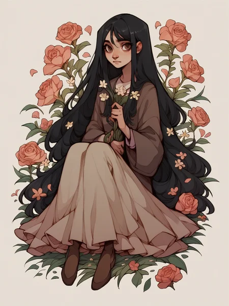 score_9, score_8_up, score_7_up, score_6_up, score_5_up, <lora:tamaytkaXLP:1> tamaytka, 1girl, long hair, brown eyes, flower, black hair, full body,