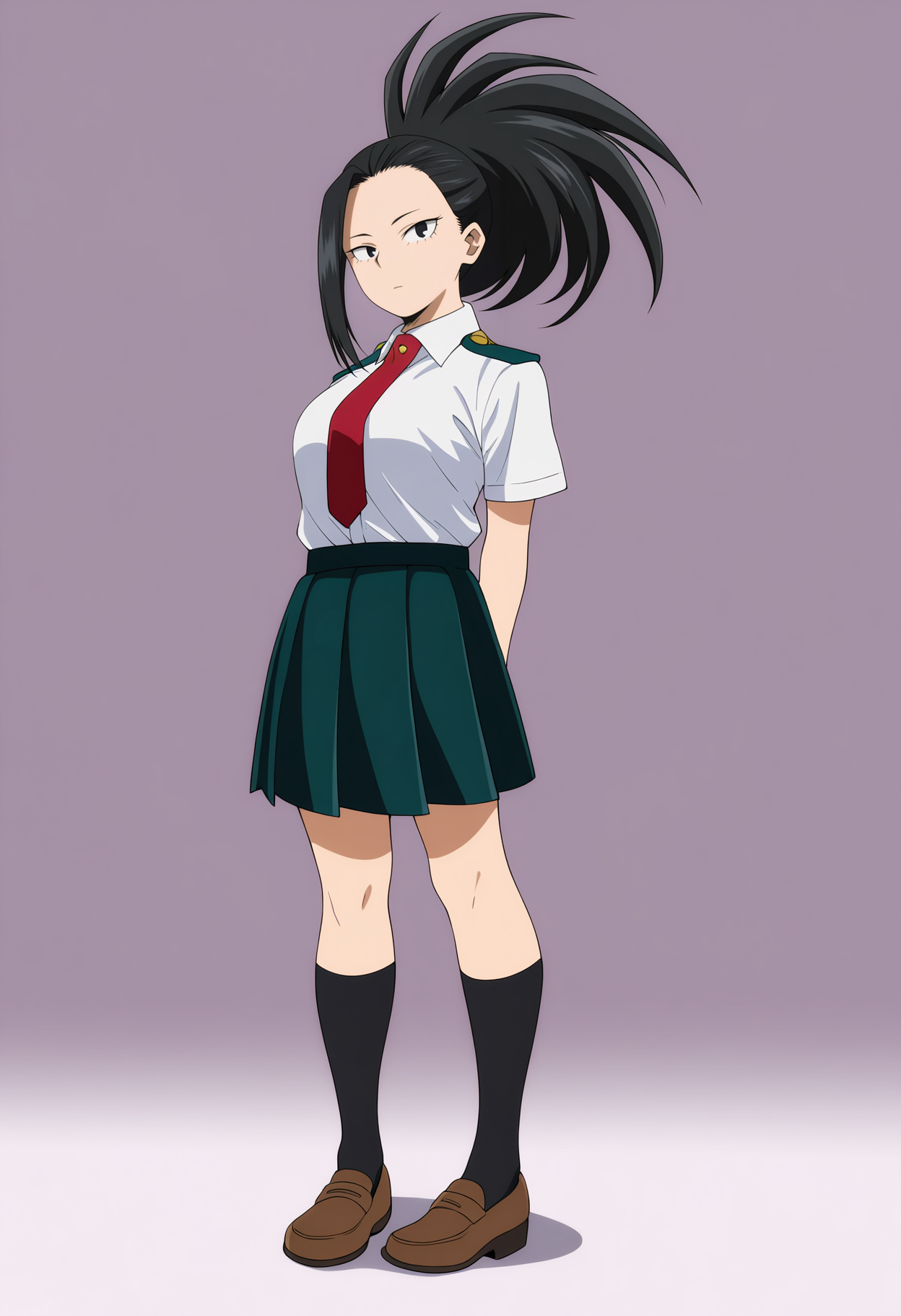 masterpiece, best quality, very aesthetic, absurdres,
yaoyorozumomo, 1girl, black eyes, black hair, ponytail, long hair, hair pulled back,
white shirt, short sleeves, u.a. school uniform, black socks, brown loafers, kneehighs, pleated green skirt, red necktie,
arms behind back, full body, standing, solo, looking at viewer, simple background , white background ,  <lora:MomoYaoyorozuNoobXL_byKonan:1>
