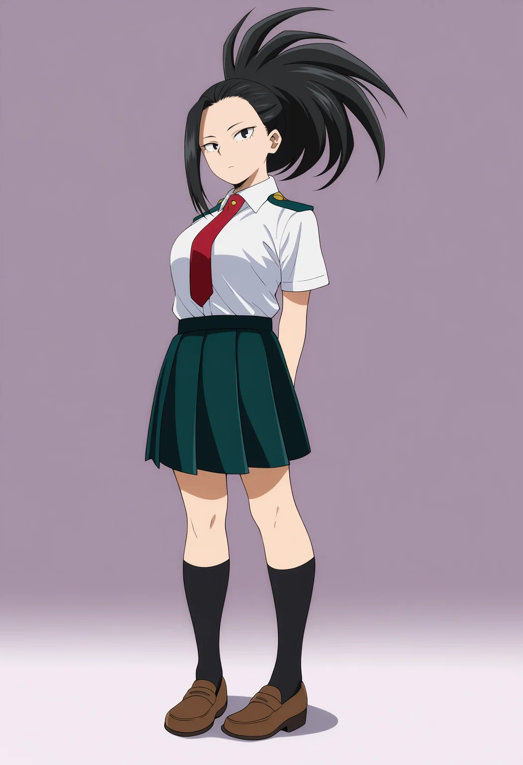 masterpiece, best quality, very aesthetic, absurdres,
yaoyorozumomo, 1girl, black eyes, black hair, ponytail, long hair, hair pulled back,
white shirt, short sleeves, u.a. school uniform, black socks, brown loafers, kneehighs, pleated green skirt, red necktie,
arms behind back, full body, standing, solo, looking at viewer, simple background , white background , <lora:MomoYaoyorozuNoobXL_byKonan:1>
