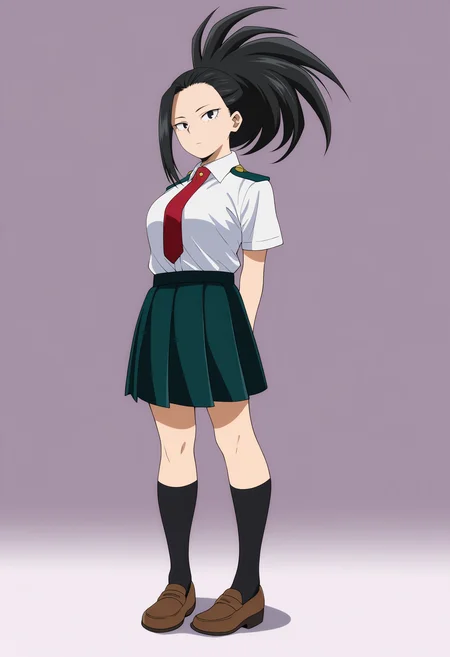 masterpiece, best quality, very aesthetic, absurdres,
yaoyorozumomo, 1girl, black eyes, black hair, ponytail, long hair, hair pulled back,
white shirt, short sleeves, u.a. school uniform, black socks, brown loafers, kneehighs, pleated green skirt, red necktie,
arms behind back, full body, standing, solo, looking at viewer, simple background , white background , <lora:MomoYaoyorozuNoobXL_byKonan:1>