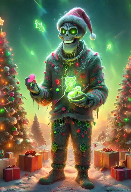 flat-color cartoon artwork in jmst artstyle, Smiling cool stylish xmas necrons in sweater Beneath a light green neon-pastel Christmas Sky, luminous Christmas wonderland to the Sky, throwing present, Cotton Candy, long Santa hat in Wind (dramatic, gritty, intense:1.4),masterpiece, best quality, 32k uhd, insane details, intricate details, hyperdetailed, hyper quality, high detail, ultra detailed, Masterpiece, photography, high Contrast