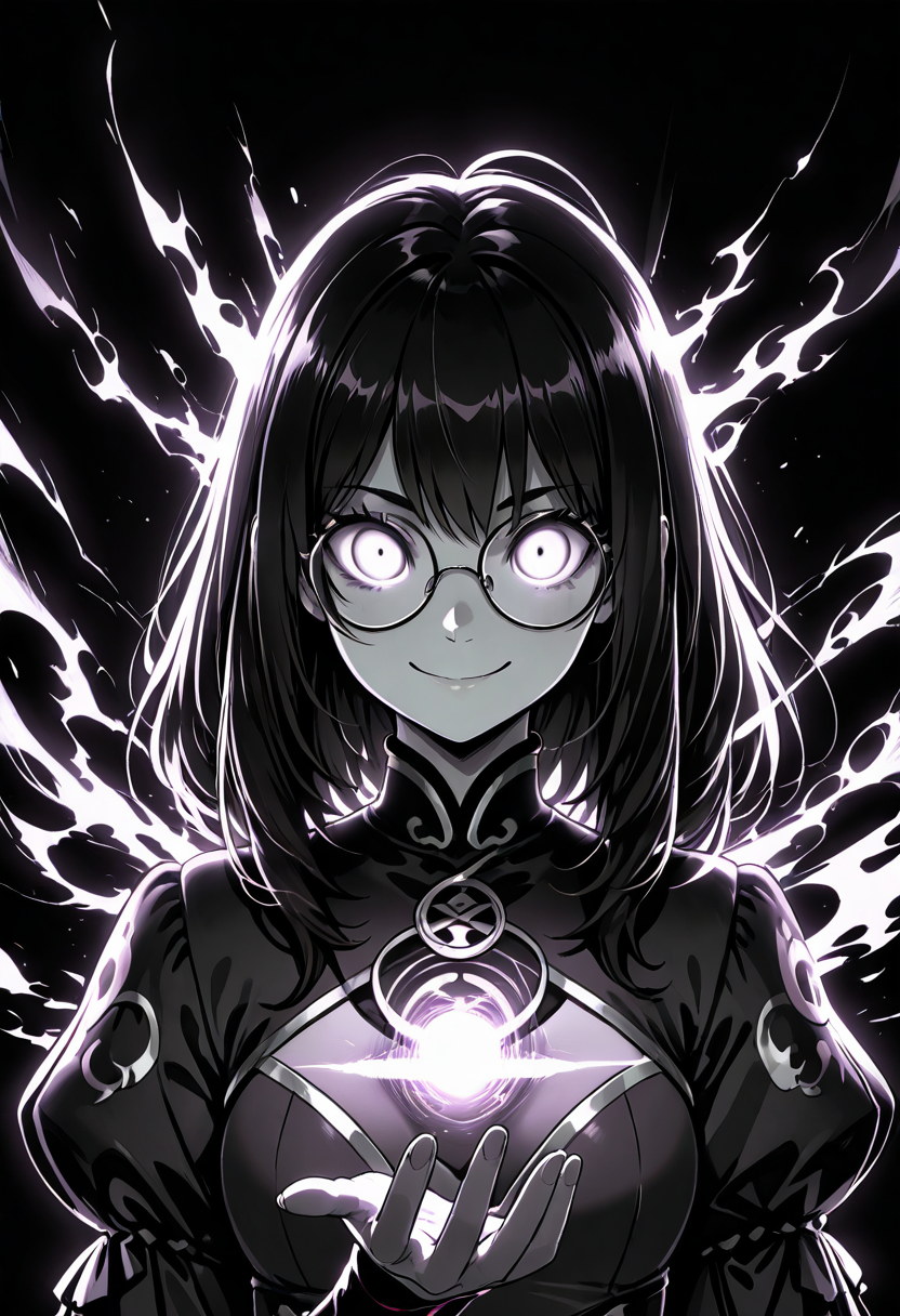 masterpiece, best quality,   zzShadowMagic, 1girl, solo, looking at viewer, monochrome, glasses, glowing eyes, silhouette, dark, upper body, black background, round glasses, smile,   ,<lora:ShadowMagic_NAI:1.0>,