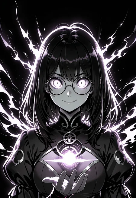 masterpiece, best quality,   zzShadowMagic, 1girl, solo, looking at viewer, monochrome, glasses, glowing eyes, silhouette, dark, upper body, black background, round glasses, smile,   ,<lora:ShadowMagic_NAI:1.0>,