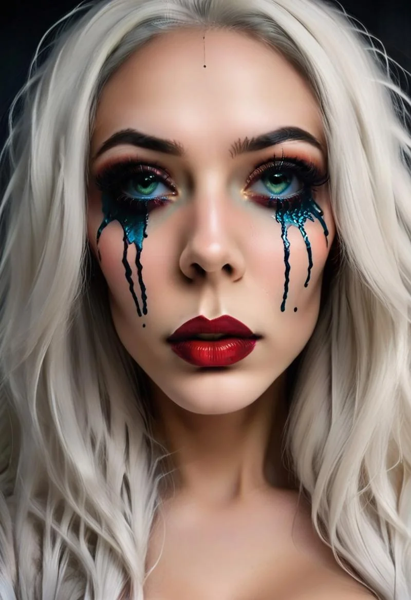concept art, realistic, dark theme, low light. 1girl, solo, 18 years old.
Gorgeous sexy female. Beautiful feminine face, Long hair, White hair, Green eyes.
((TearsMakeUp)), ((Blue tears)), Red lips.
(Big breast), (Round breast:1.2).