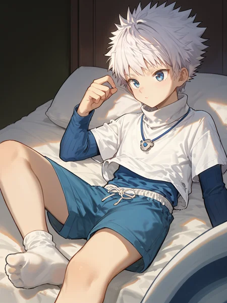 score_9,score_8_up,score_7_up,score_6_up,source_anime,masterpiece,(best quality),ultra detailed eyes,high-detailed,Ray Tracing,<lora:sora12:0.8>,killuazoldick,1boy,solo,male focus,shorts,white hair,blue eyes,shirt,long sleeves,layered sleeves,spiked hair,short over long sleeves,white shirt,short hair,short sleeves,bangs,turtleneck,blue shirt,grey shirt,bedroombed,lying,
<lora:Killua:0.9>,no shoes,white socks,