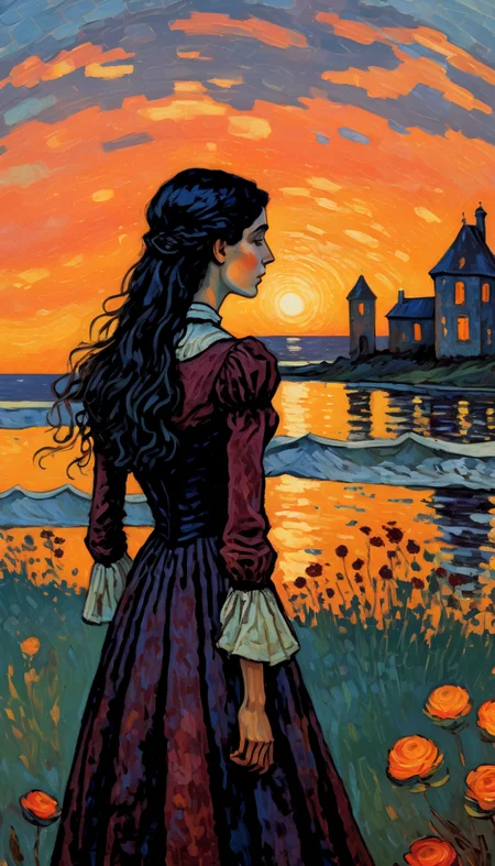 positiv Clip L: Maxime Maufra Style page, an award-winning, of a bautiful woman, positiv Clip G: Maxime Maufra Style page, an award-winning, of a skinny Gothic woman, sunset in the background,