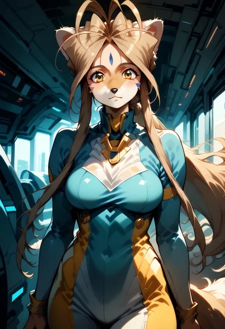 Expressiveh, negative_hand, score_9, score_8_up, score_7_up, belldandy as an (anthro fox),long oval face, short snout, two toned fur, large fox ears, fox tail, animal nose, yellow fur, white facial fur, tan hair, long hair, parted bangs, gold eyes, white triangle forehead gem, large breasts, skintight bodysuit, futuristic bodysuit, standing at attention,